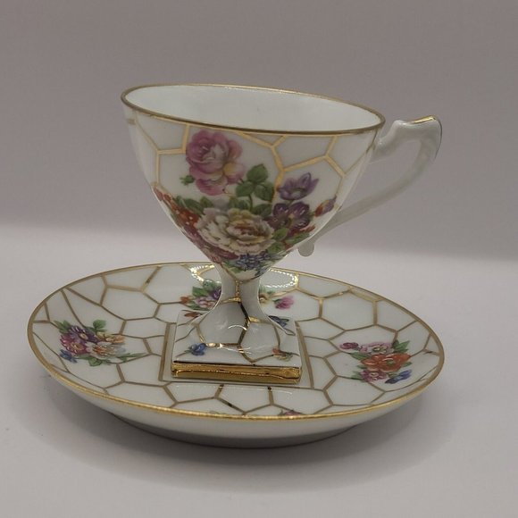Antique LIMOGES France Demitasse Teacup Saucer Roses Square Pedestal Honeycomb